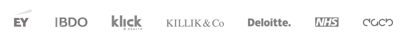 Customer logos including EY, BDO, Klick Health, Killik & Co, Deloitte, NHS and abrdn