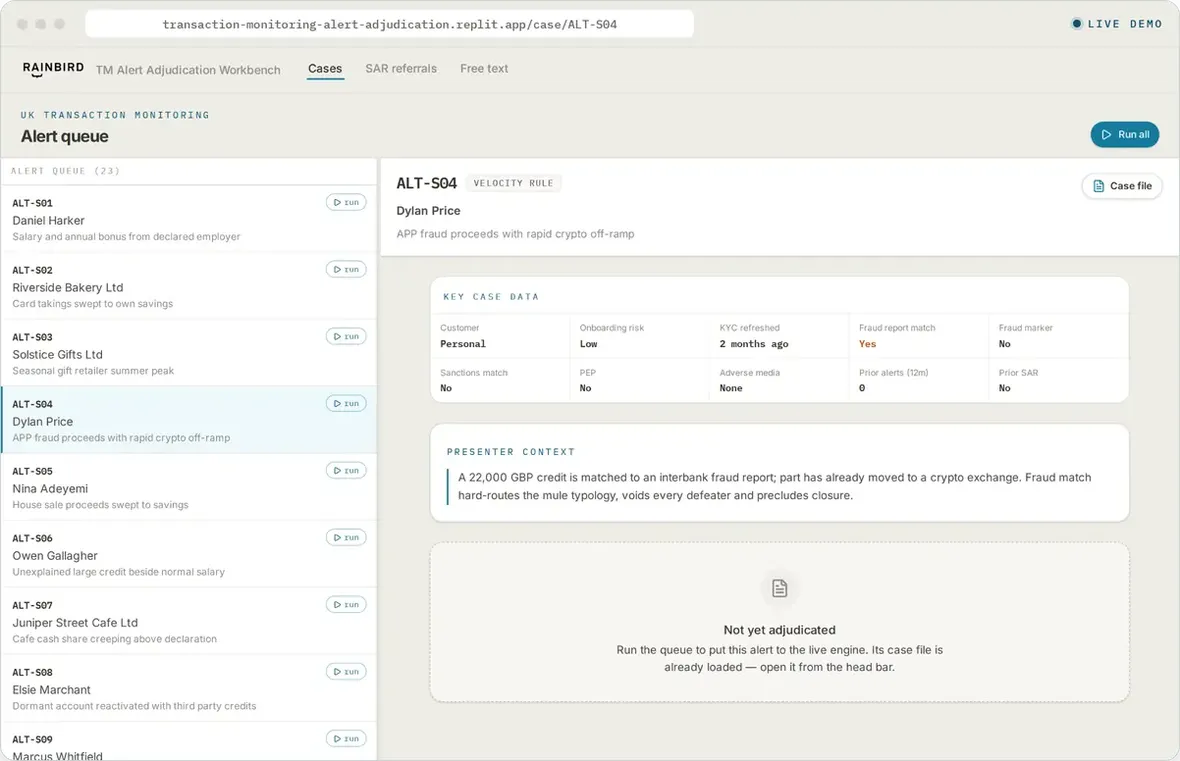 TM Alert Adjudication live demo workbench preview
