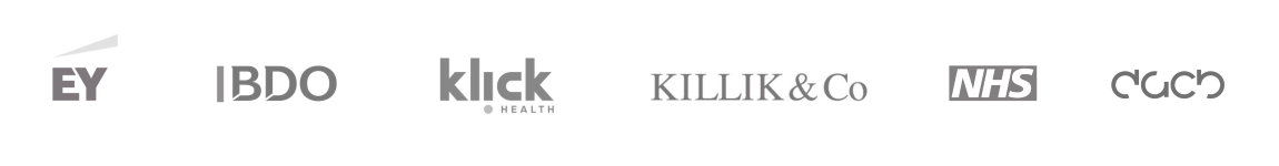Customer logos including EY, BDO, Klick Health, Killik & Co and NHS