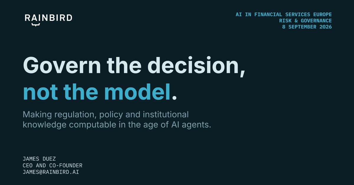 “Govern the decision, not the model”: James Duez's title slide from the Risk and Governance stage, AI in Financial Services 2026